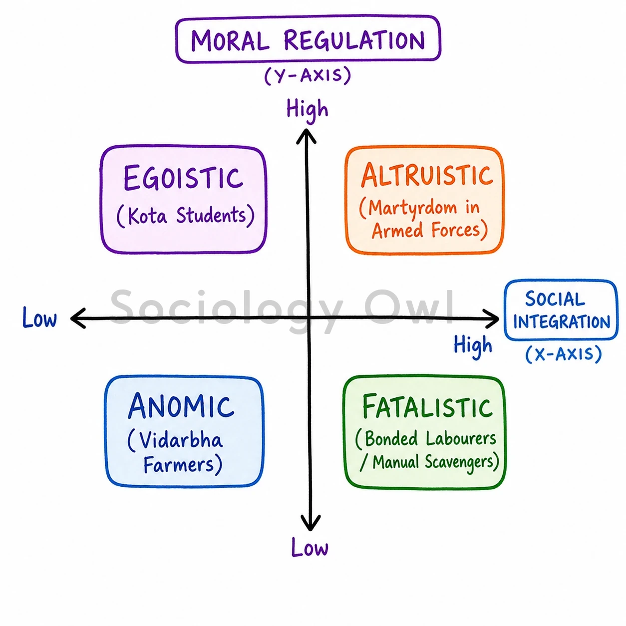 Explain Durkheim's basic arguments on suicide. Can you analyse high suicide rates of contemporary Indian society with Durkheim's theory? 1 moral regulation
