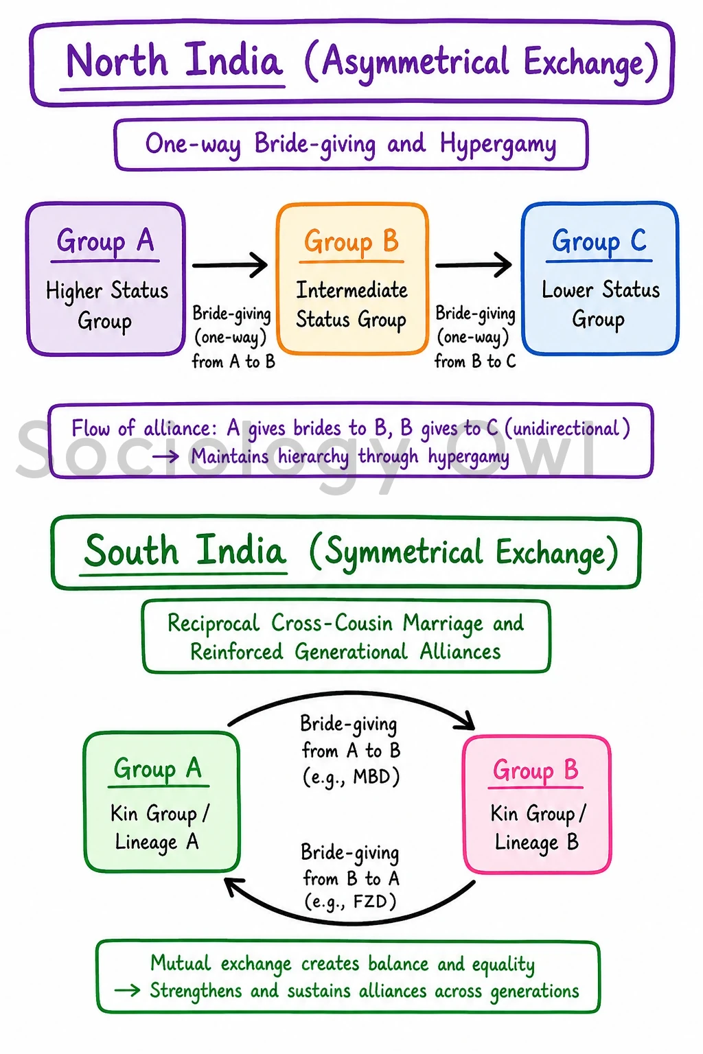 Define the concepts of ‘Descent’ and ‘Alliance’. Differentiate between North Indian and South Indian Kinship systems with examples. 1