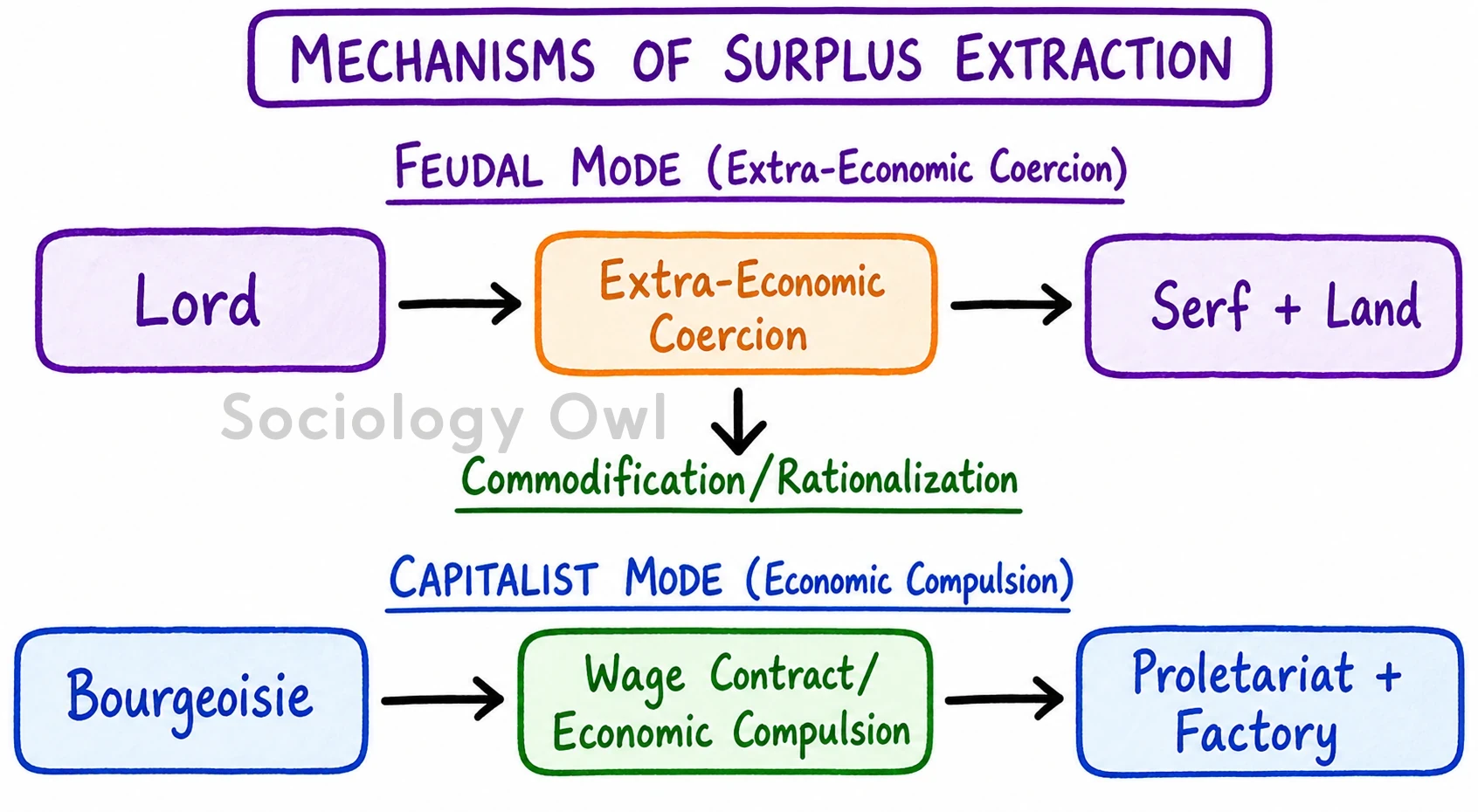 Q. Describe the differing principles of work organization in feudal and capitalist societies. 1