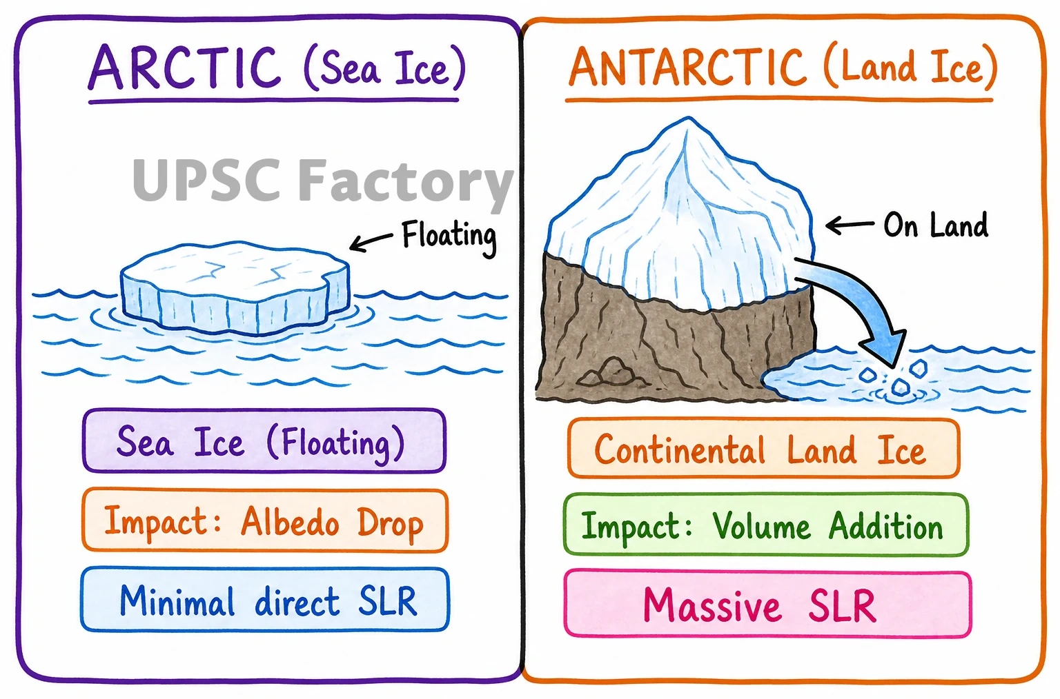 Q. How do the melting of the Arctic ice and glaciers of the Antarctic differently affect the weather patterns and human activities on the Earth? Explain. 1