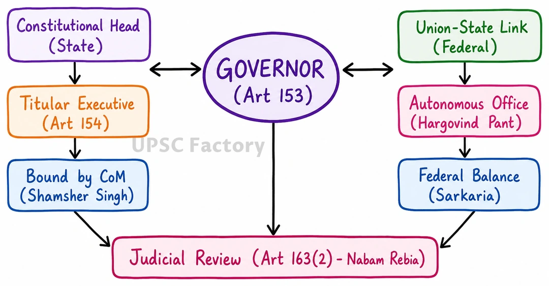 Q. Discuss the position of the Governor in the federal polity of India. What is the nature of his power while giving assent to a bill passed by the State Legislature? Is he bound by the aid and advice of his Council of Ministers in all his functions? 2