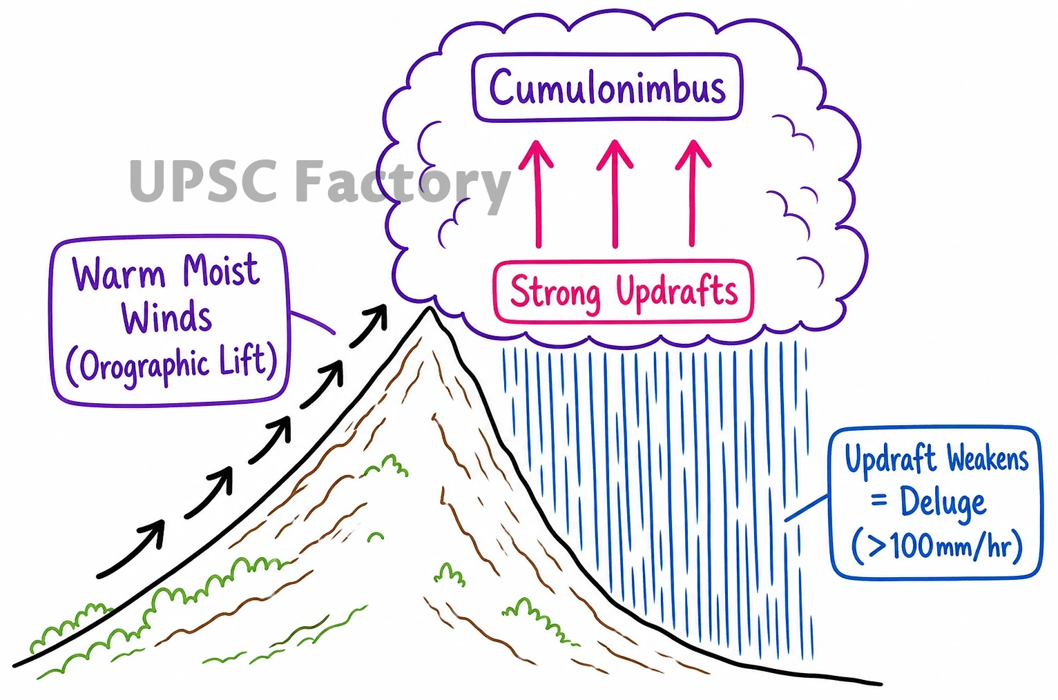 Q. Explain the mechanism and occurrence of cloudburst in the context of the Indian subcontinent. Discuss two recent examples. 1