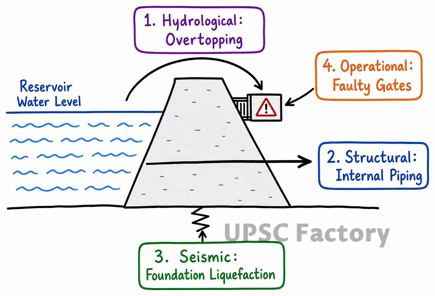 Q. Dam failures are always catastrophic, especially on the downstream side, resulting in a colossal loss of life and property. Analyze the various causes of dam failures. Give two examples of large dam failures. 1