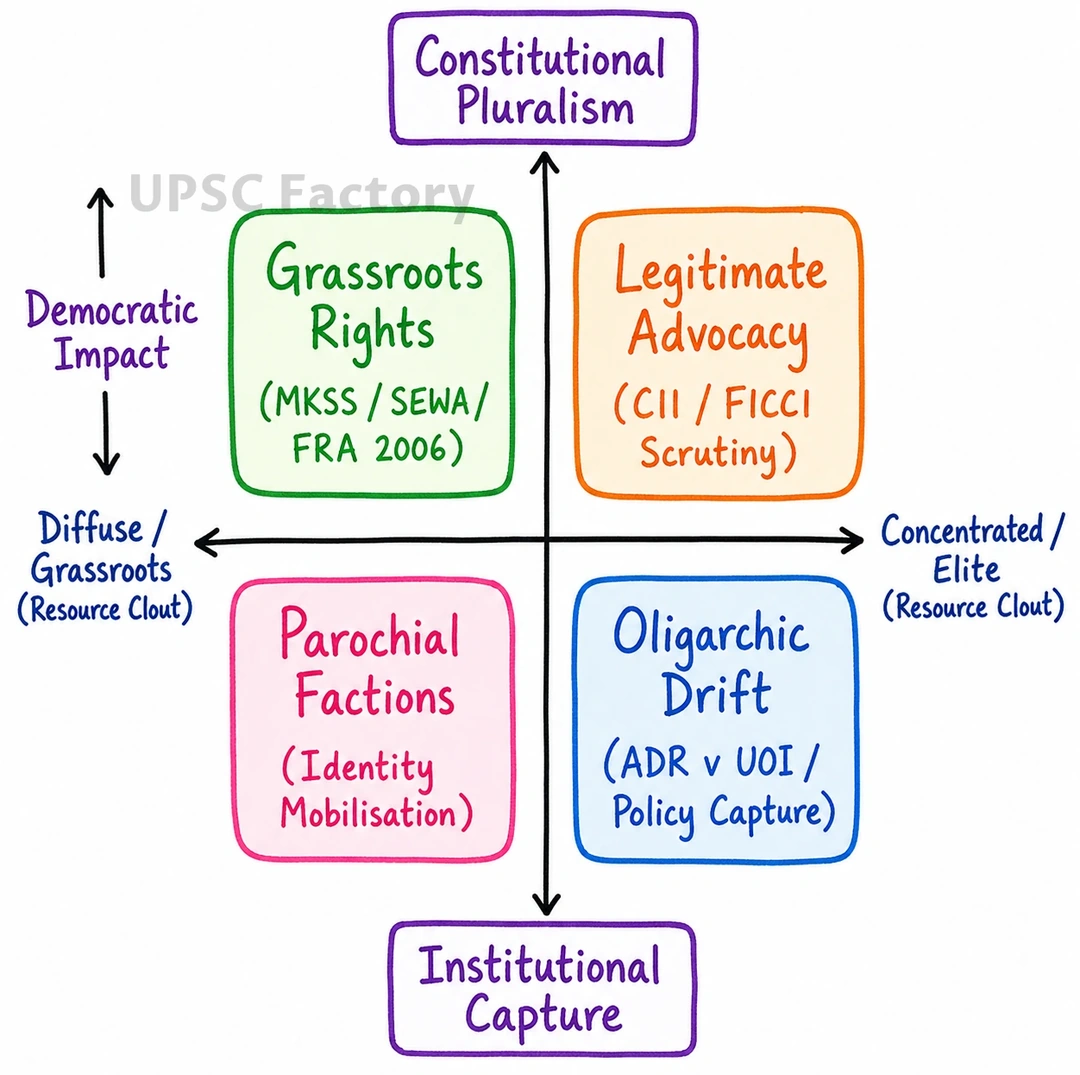 Q. To what extent do pressure groups, social movements and corporate lobbies deepen pluralistic democracy in India by representing excluded interests? Analyse whether the growing convergence of corporate wealth and political power poses a threat to the autonomy of formal democratic institutions. 1
