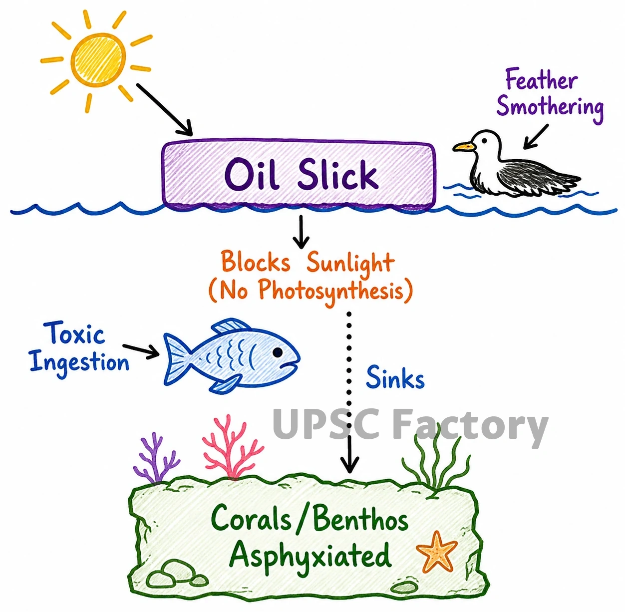 Q. What is oil pollution? What are its impacts on the marine ecosystem? In what way is oil pollution particularly harmful for a country like India? 1