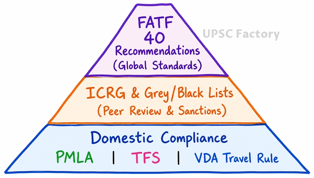 Q. Discuss counterfeit currency and money laundering as major sources of terror funding in India. State the actions being taken at International level to check these menaces. Highlight the role of Financial Action Task Force (FATF) and methods of compliance by its member states in preventing terror funding. 2