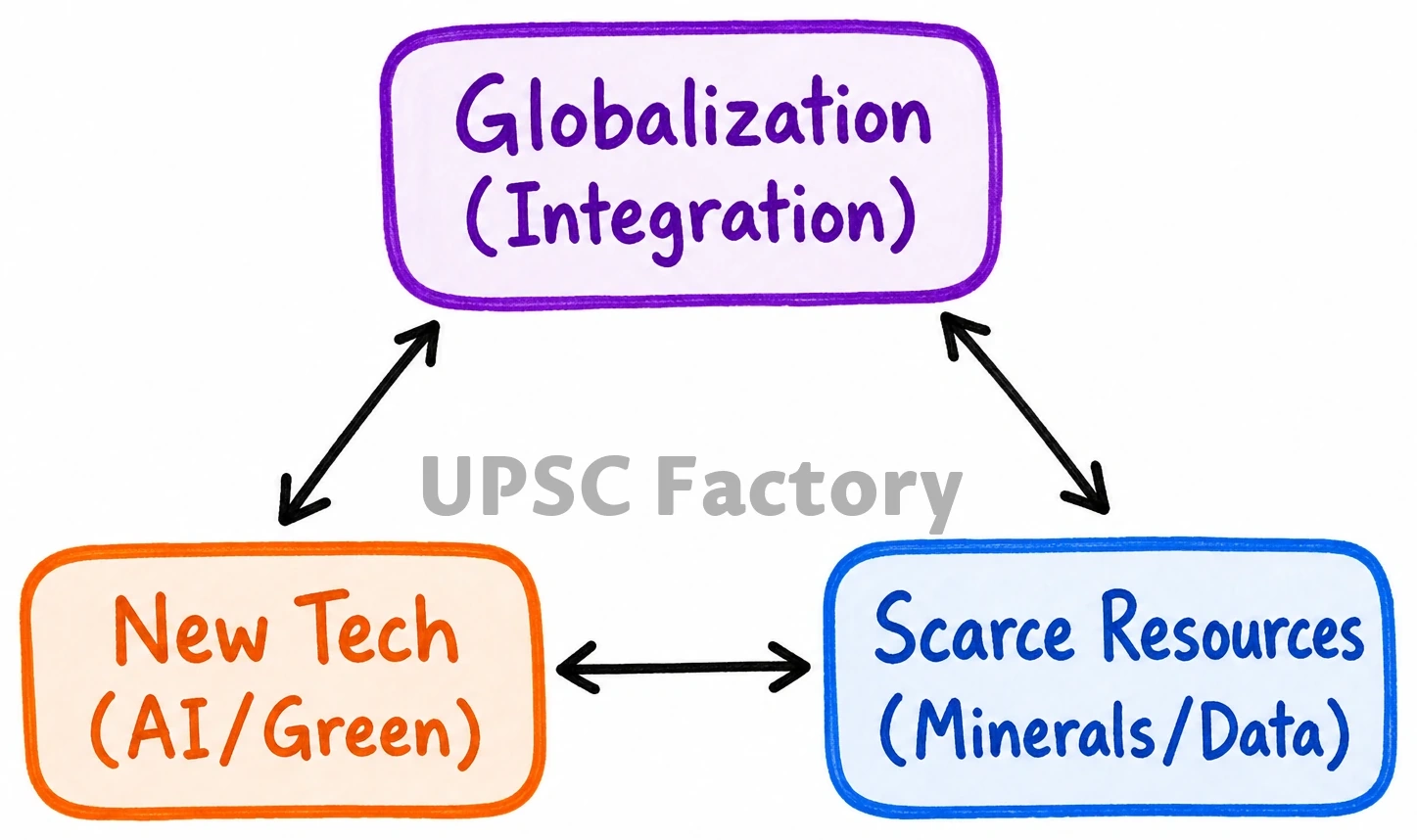 Q. Elucidate the relationship between globalization and new technology in a world of scarce resources, with special reference to India. 1