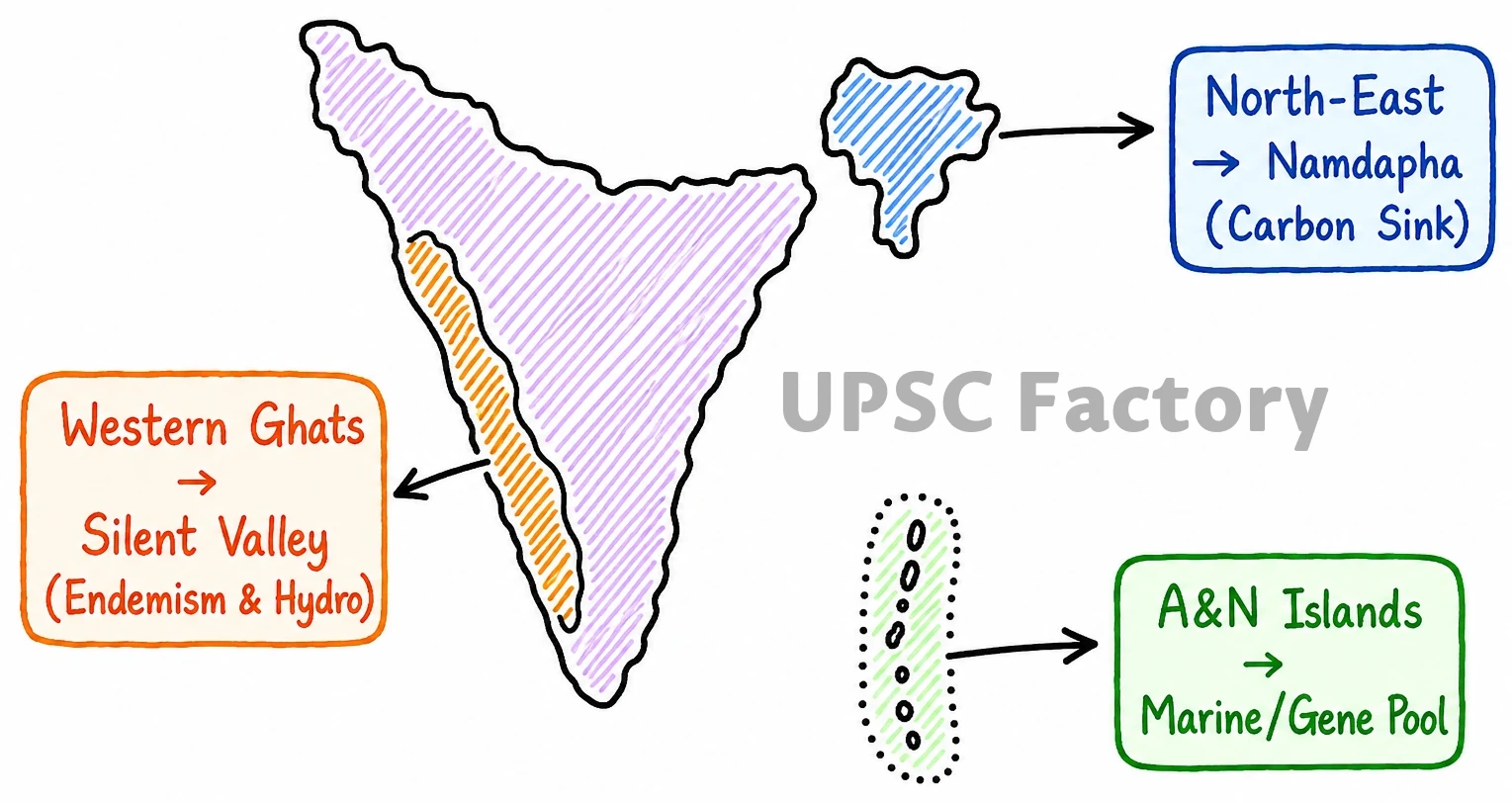 Q. Identify and discuss the factors responsible for diversity of natural vegetation in India. Assess the significance of wildlife sanctuaries in rain forest regions of India. 2