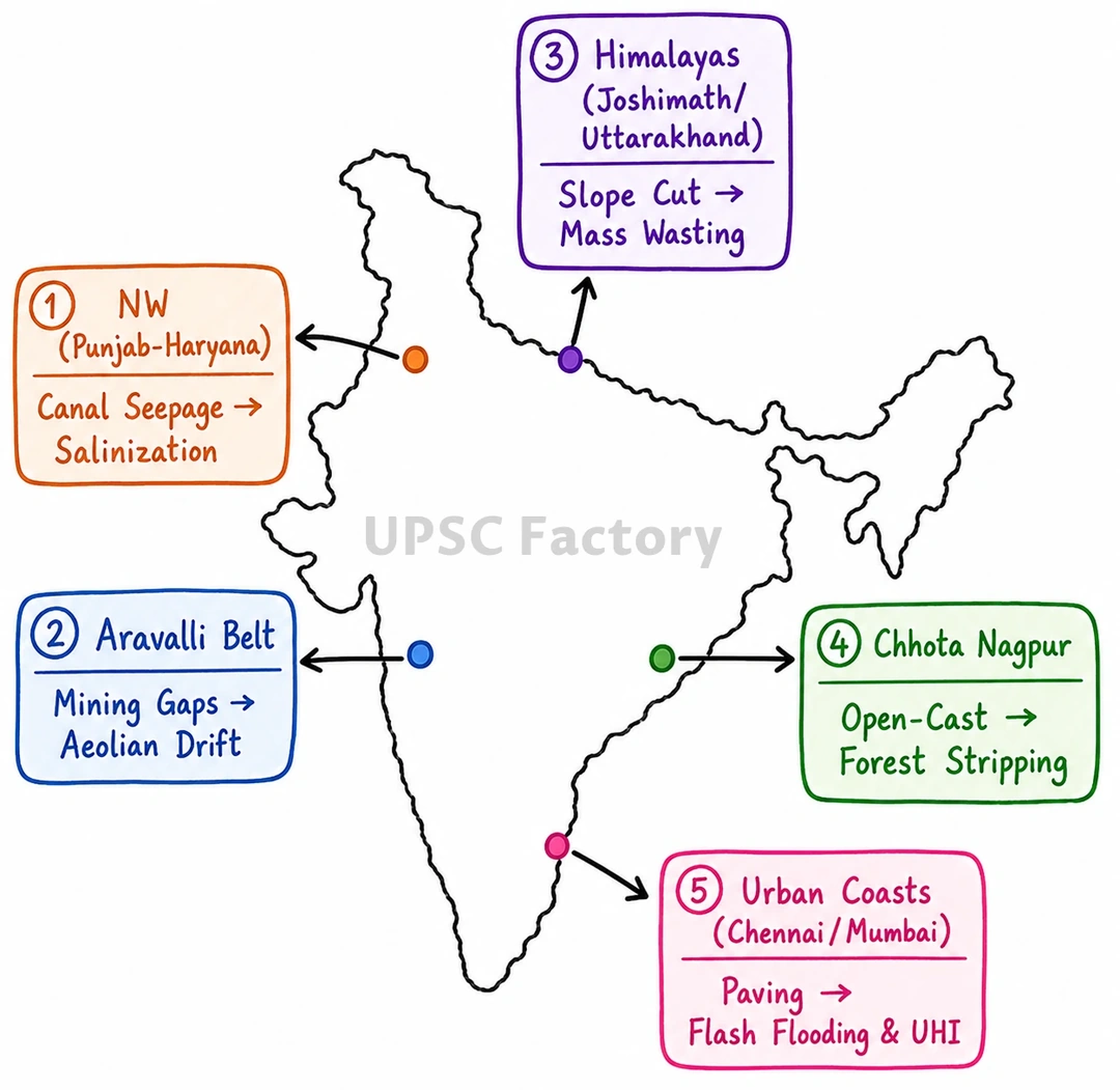 Q. Analyze the major drivers of human-induced land-use changes in India and their geographical consequences. 1