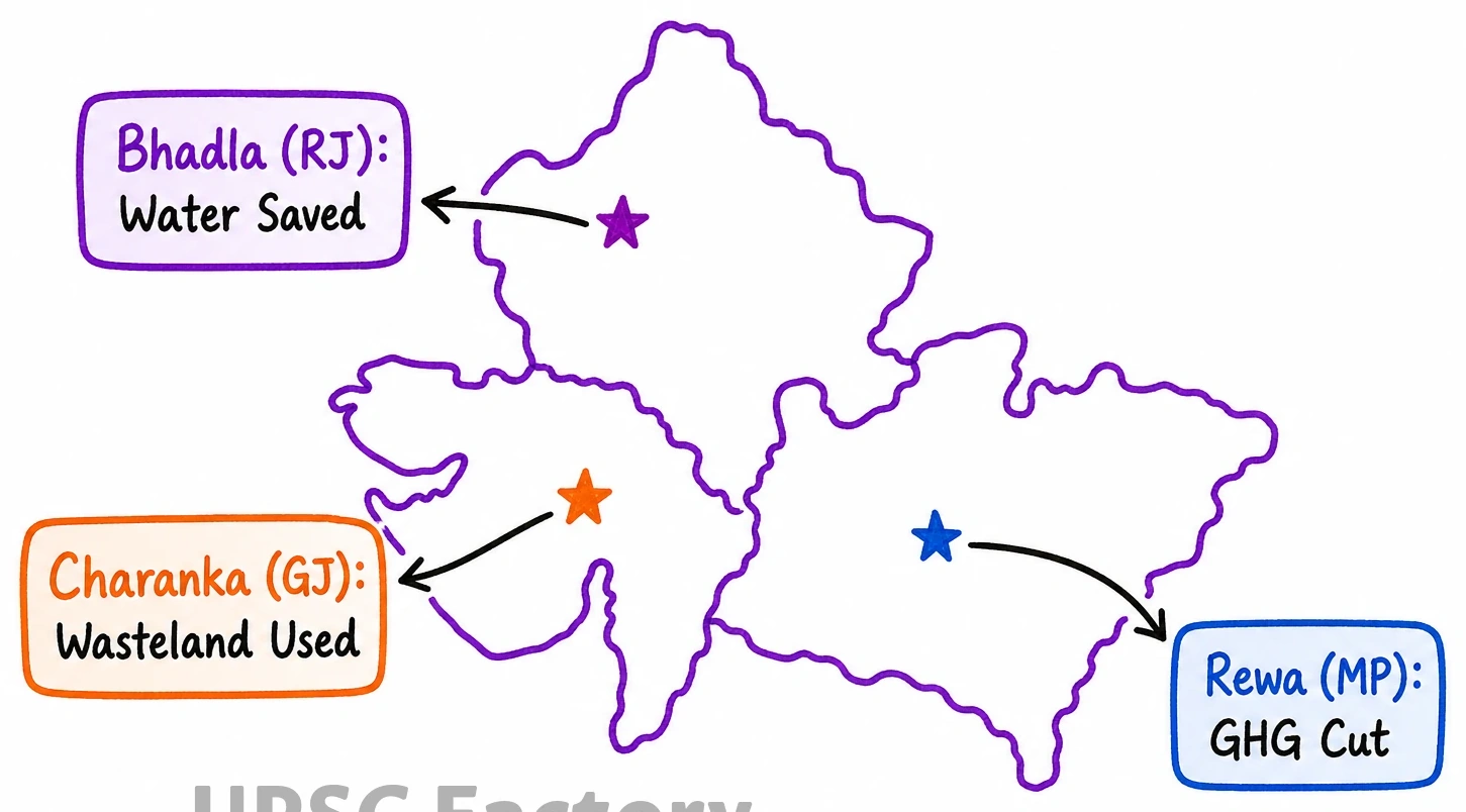 Q. Explain briefly the ecological and economic benefits of solar energy generation in India with suitable examples. 1