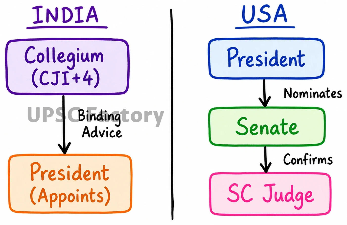 Q. Discuss the evolution of collegium system in India. Critically examine the advantages and disadvantages of the system of appointment of the Judges of the Supreme Court of India and that of the USA. 2