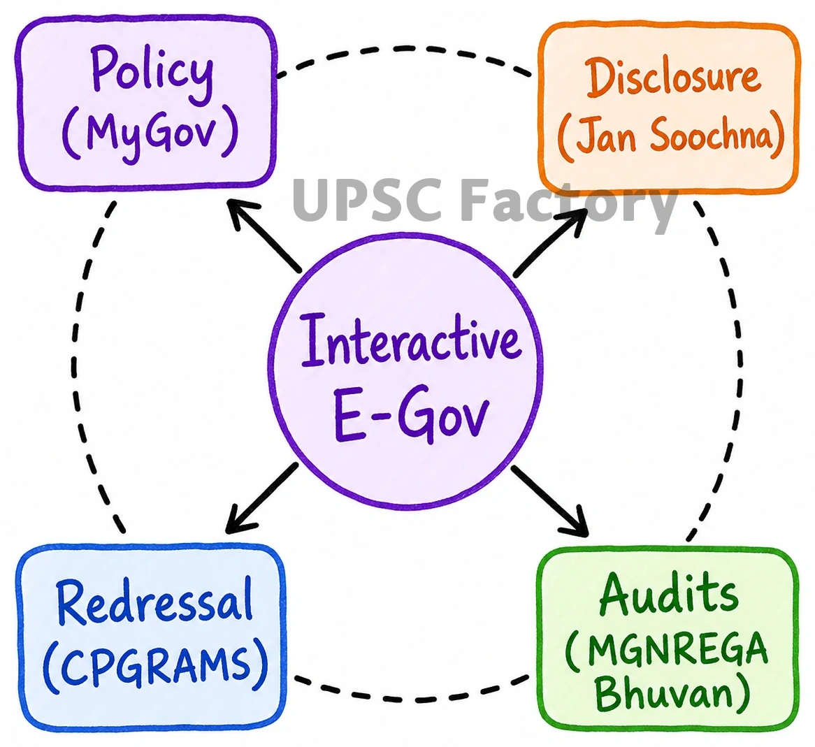 Q. E-governance is not just about the routine application of digital technology in service delivery process. It is as much about multifarious interactions for ensuring transparency and accountability. In this context evaluate the role of the 'Interactive Service Model' of e-governance. 2