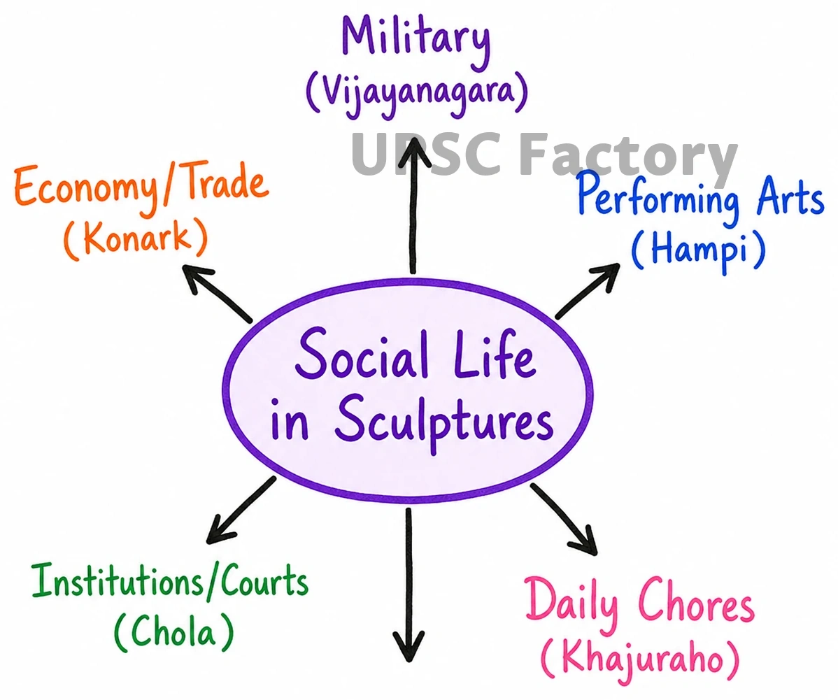 Q. How will you explain that medieval Indian temple sculptures represent the social life of those days? 1