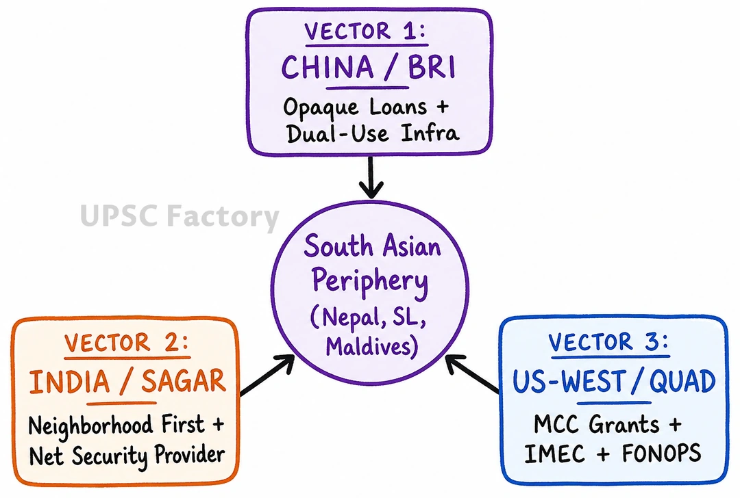 Q. “China’s Belt and Road Initiative (BRI) has transformed South Asia from a regional space into a theatre of great power competition.” Analyse the strategic implications of the BRI for India’s security and regional influence in South Asia. 2