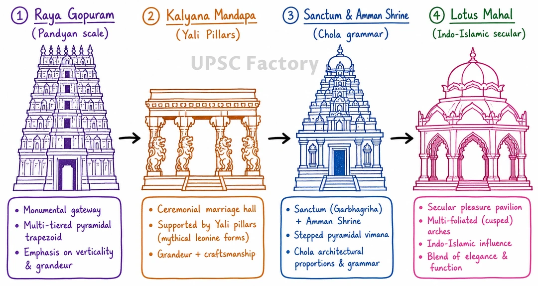 Q. Vijayanagara architecture exemplifies the amalgamation of past traditions with contemporary practices. Elucidate with examples. 2
