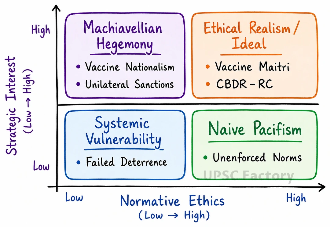 Q. In international relations, ethical considerations are often subjugated to the strategic interests of nation-states. Discuss this from an ethical perspective. 1