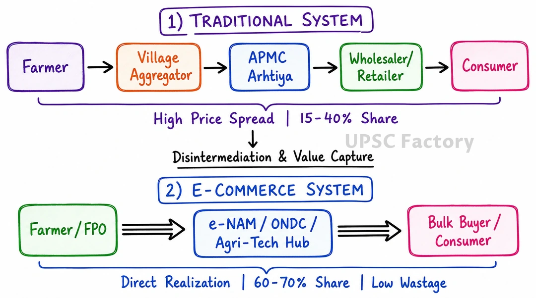 Q. Explain the factors responsible for inefficiency of agri-produce marketing. How e-commerce helps to reduce inefficiency of agri-produce marketing? Explain. 1