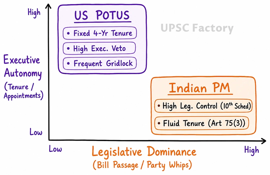 Q. Examine how the separation of powers is practised in India compared to the rigid presidential model of the United States of America. In this context, compare the actual authority of the Indian Prime Minister with that of the President of the USA. 2