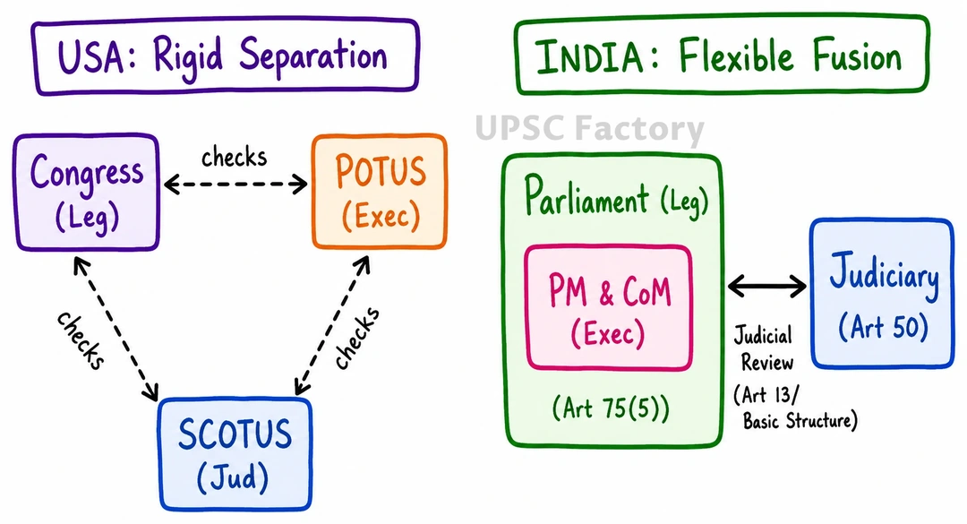 Q. Examine how the separation of powers is practised in India compared to the rigid presidential model of the United States of America. In this context, compare the actual authority of the Indian Prime Minister with that of the President of the USA. 1