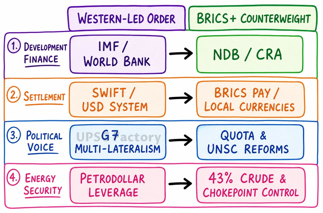 Q. “BRICS acts as a powerful counterweight in global governance, actively amplifying the voice and influence of the Global South.” Explain the role of BRICS in projecting itself as an alternative to other groupings. 1