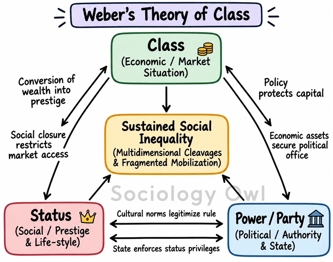 Q. According to Weber how do class, status and power interact to produce and sustain social inequality ? 1